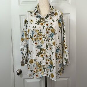 All Hours VTG Floral Print Blouse USA White , Yellow, Teal Excellent Cond